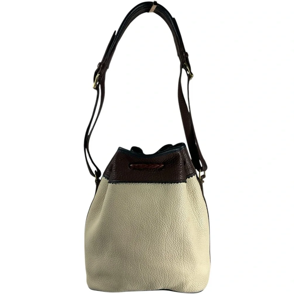 Dooney & Bourke Vintage Teton Bucket Drawstring Bag Purse Leather Ivory Brown